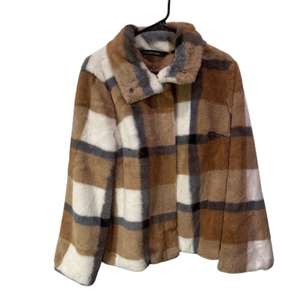 NWOT Large Colleen Lopez Faux Fur Fall Plaid Button Up Collared Jacket‎